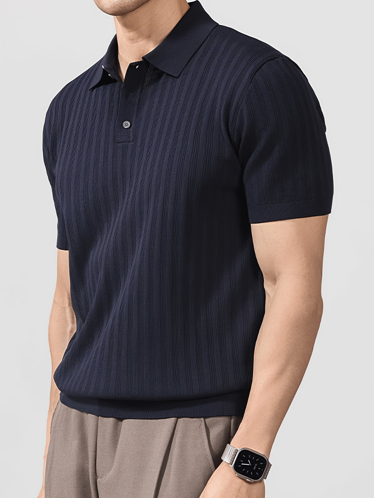 Sophisticated Casual Men'S Ice Cool Knit Polo Shirt Men'S Round Neck Bad Boy Style Short Sleeve Summer Trendy Brand POLO Shirt Lapel Top - Navy Color