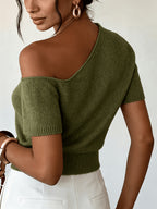 Women'S New Spring Summer Off-Shoulder Short Sleeve Basic Solid Color Casual Elegant Women'S Top - Olive Green