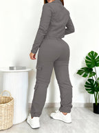 Women's Versatile 2pcs Set Featuring a Slim-fit V-neck Cropped Shirt and American-style Wide-leg Pants with Multiple Pockets, Sold Without an Inner Top - Grey