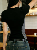 Summer Color-Block Slim-Fit T-Shirt, Crew Neck with Set-In Shoulder, and Figure-Flattering Base Layer Top - Black