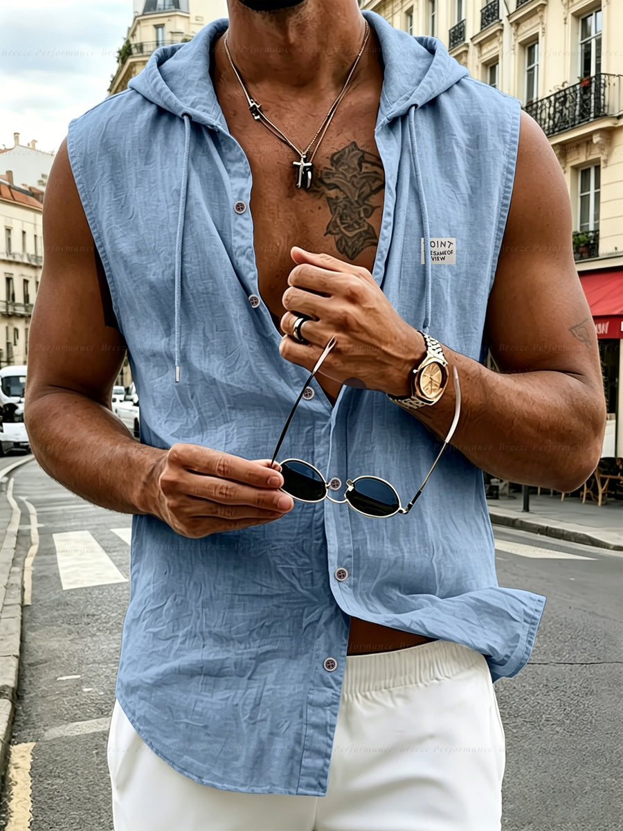 Pearson OBM Men's Sleeveless Hooded Shirt, Upgraded Textured Comfortable and Breathable Fabric Hooded Vest, Men's Linen Fashion Hoodie, Summer Top Casual and Lightweight with Button and Drawstring, Suitable for Outdoor Activities, Beach, and Coast - MT Light Blue
