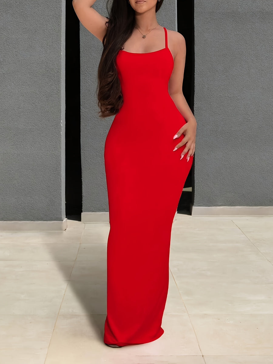 Women'S Solid Color Thin Strap Backless Sleeveless Coffee-Colored Dress - Red