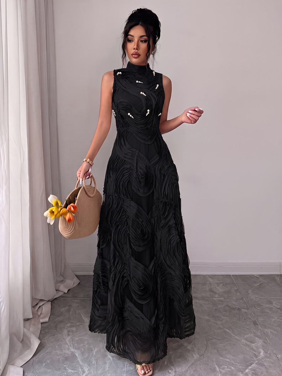 Summer New Style Stand Collar Sleeveless Elegant Evening Dress Women'S 3D Wavy Pleated Sequined Mesh Banquet Dress - Black