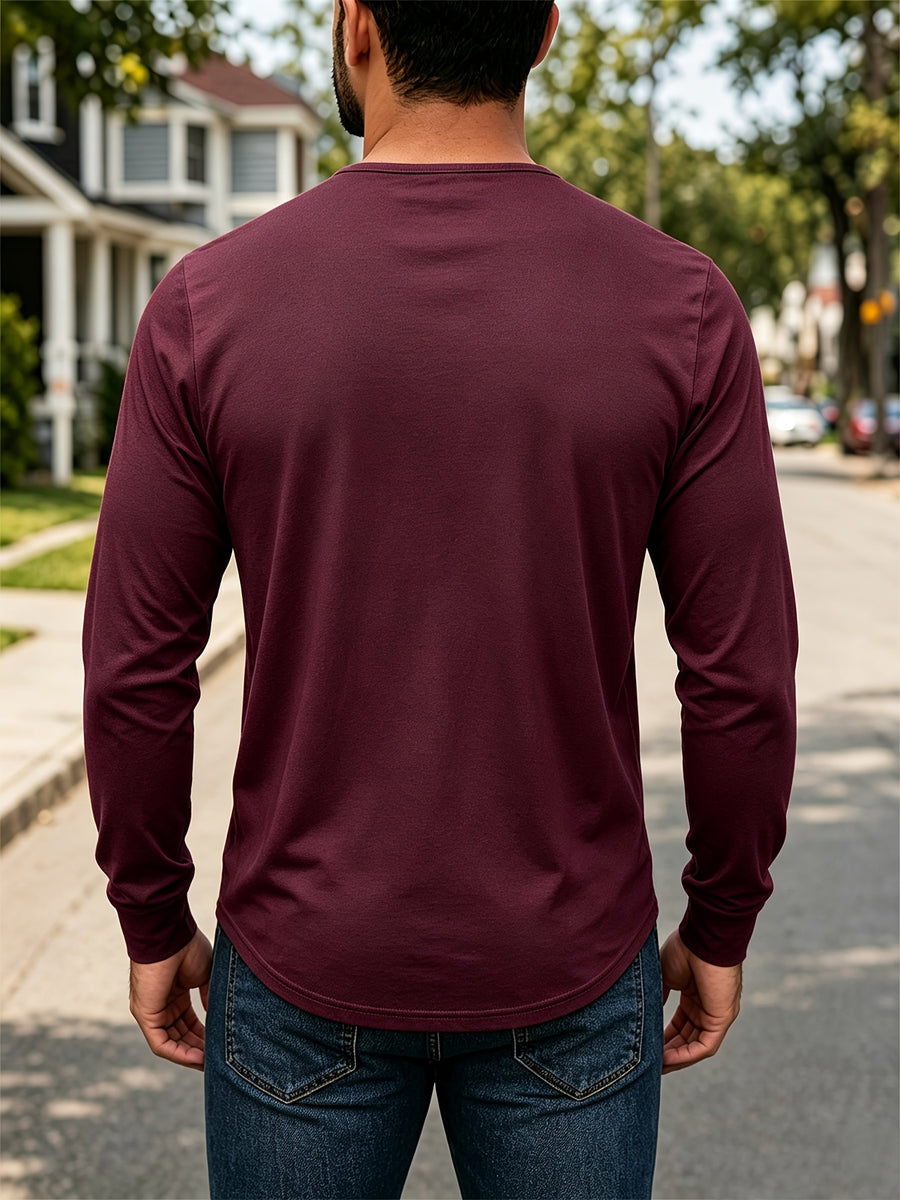 Men's Casual Long-Sleeve Henley T-Shirt 2pcs for Spring, Autumn, and Winter, Breathable and Comfortable Knitted Fabric, Versatile Base Layer, American-Style Casual Versatile Men's Top, Henley Collar + Vintage Buttons, Suitable for Commuting - Dark gray + jujube red