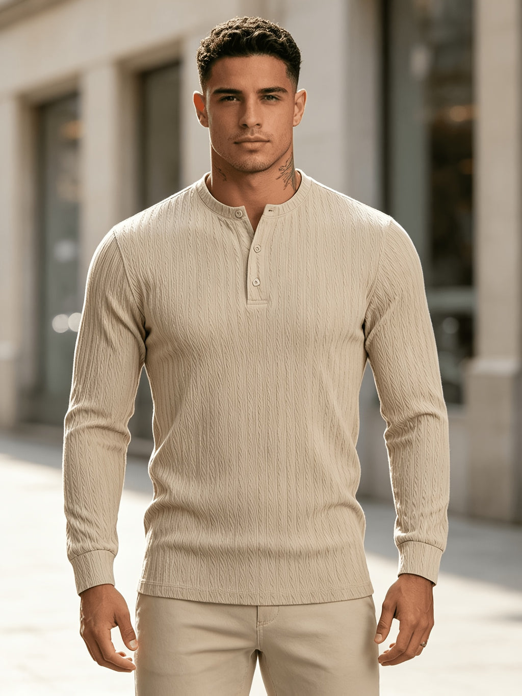 American-style Heavyweight Men's Knit Vintage Stretch Textured Pattern Casual Loose Fit Versatile Commuter Long-Sleeve Henley Shirt - Khaki
