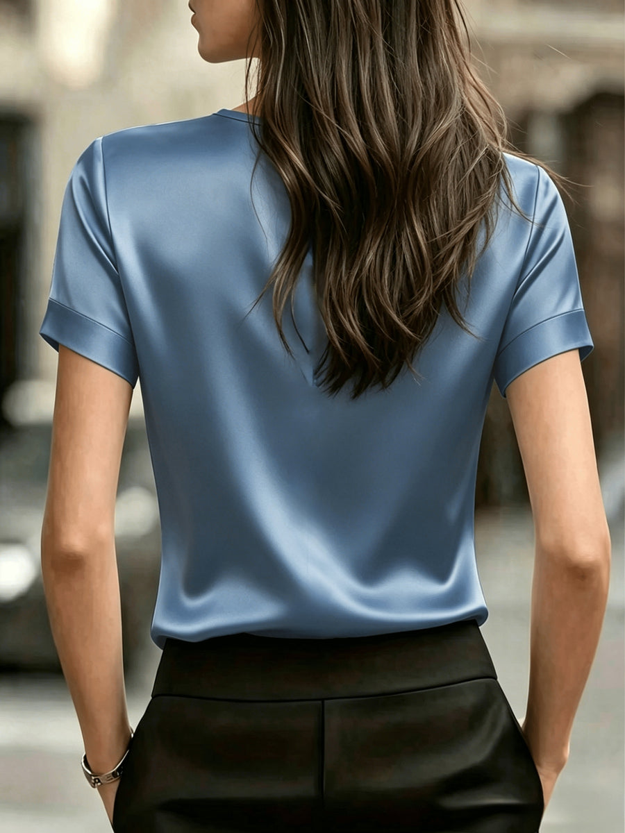 Women's Simple Round Neck Short Sleeve T-Shirt - Satin Texture, Ideal for Mother's Day & Independence Day Commute, Suitable for Spring & Summer Office & Casual Looks, Luxury Style Outfit - cyan blue