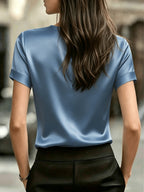 Women's Simple Round Neck Short Sleeve T-Shirt - Satin Texture, Ideal for Mother's Day & Independence Day Commute, Suitable for Spring & Summer Office & Casual Looks, Luxury Style Outfit - cyan blue