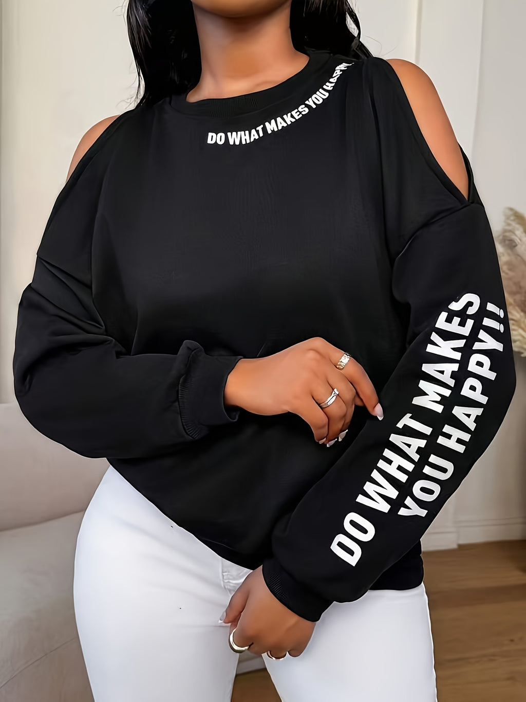 Women'S Loose Casual Letter Print Off-Shoulder Long Sleeve Base Layer Sweatshirt, Spring Autumn Commute Back-To- Outfit - Black
