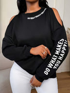 Women'S Loose Casual Letter Print Off-Shoulder Long Sleeve Base Layer Sweatshirt, Spring Autumn Commute Back-To- Outfit - Black
