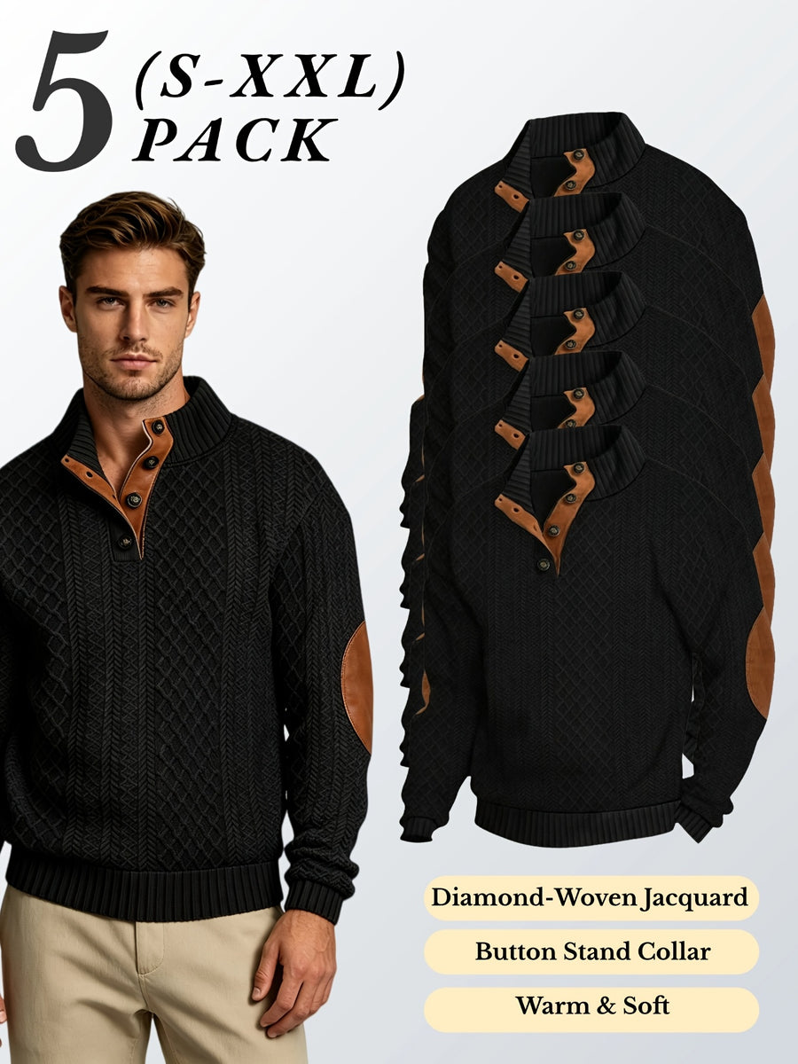 5pcs Set Men's Textured Jacquard Knit Vintage Casual Button-Up Stand Collar Long Sleeve Top, Versatile Basic Solid Color for Autumn/Winter Outings and Home Wear - Black 5
