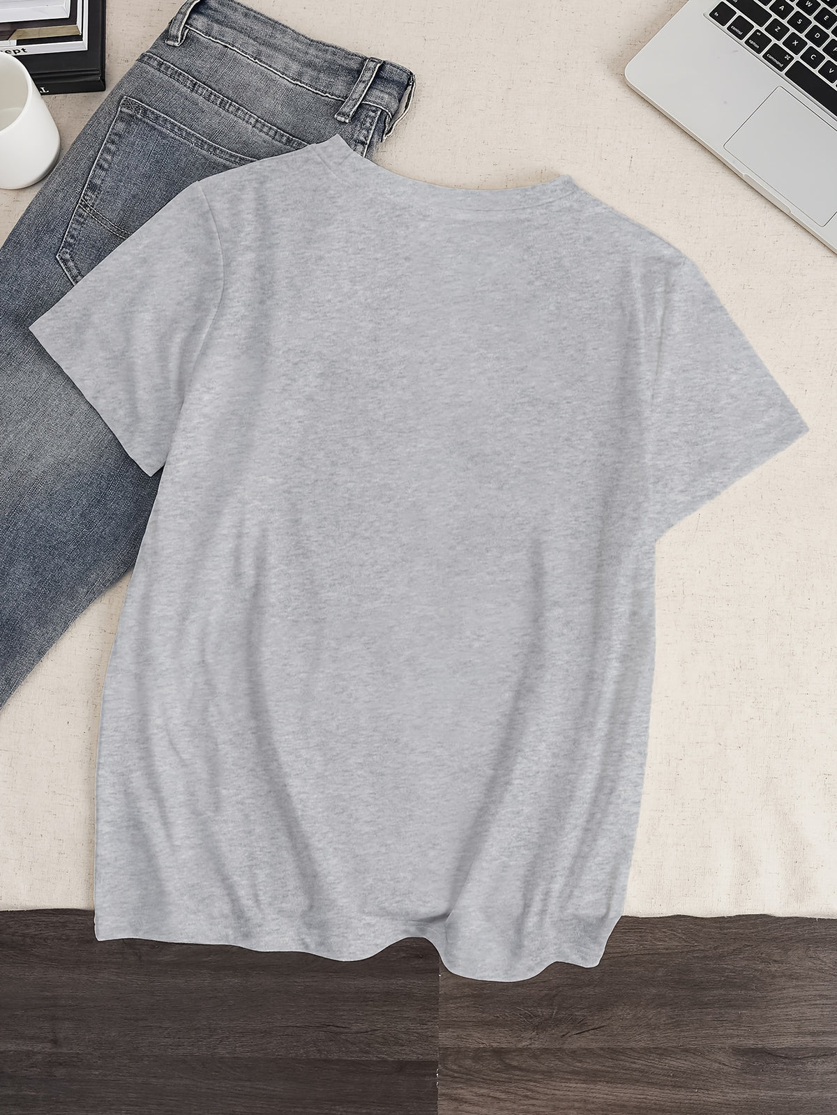 Letter Print T-shirt, Short Sleeve Crew Neck Casual Top for Summer & Spring, Women's Clothing - Light Grey