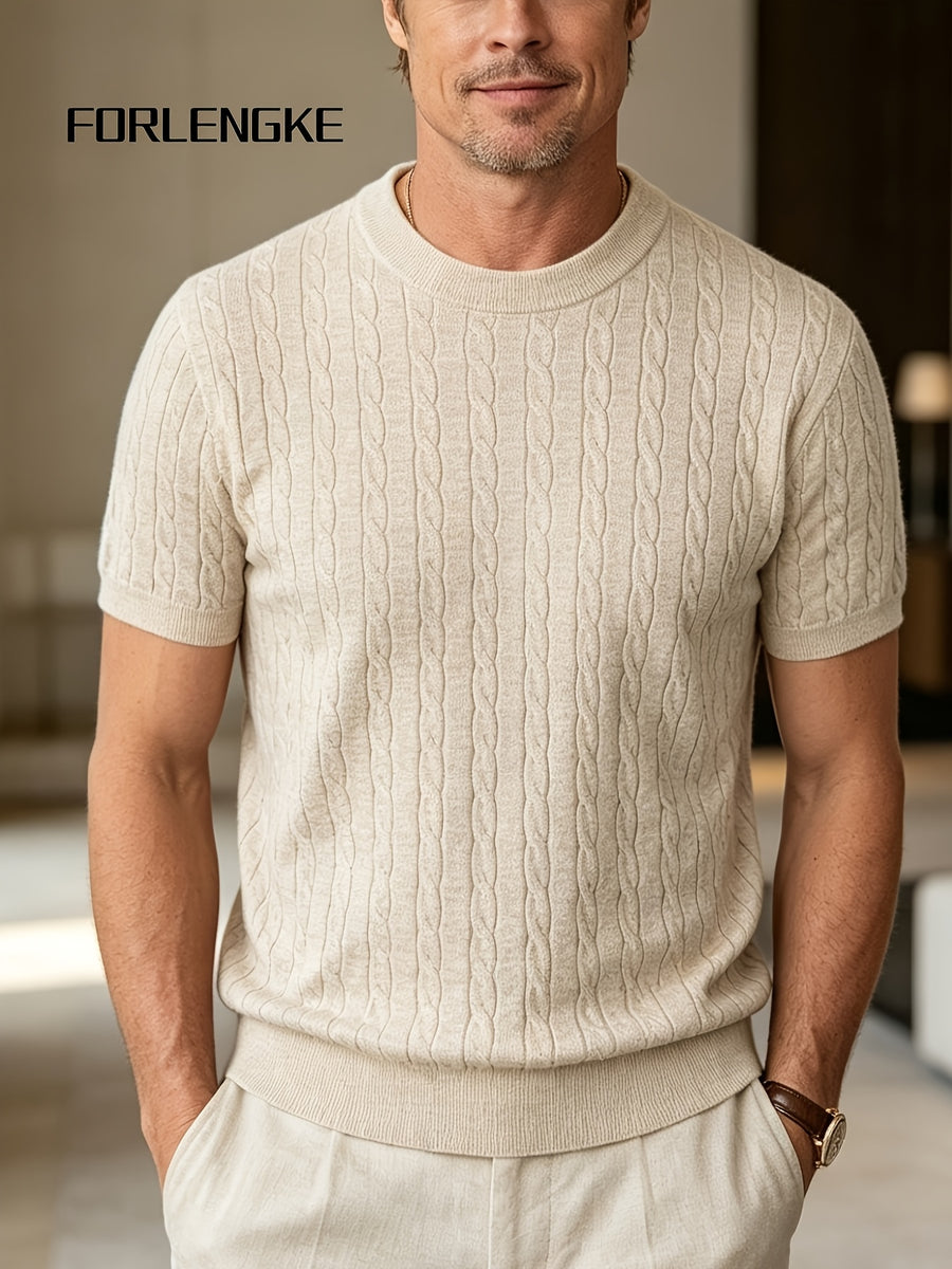FORLENGKE Men's Summer Relaxed Holiday Style Cable Knit Crew Neck Short Sleeve T-Shirt, Soft Skin-Friendly Wrinkle-Resistant Fabric, Ideal for Summer Seaside Vacations, Market Strolls, Coffee Breaks, Short Road Trips, Friend Gatherings, and Holiday - Apricot