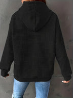 Women's Autumn/Winter Waffle Hooded Long-Sleeve Solid Color Sweatshirt - Black