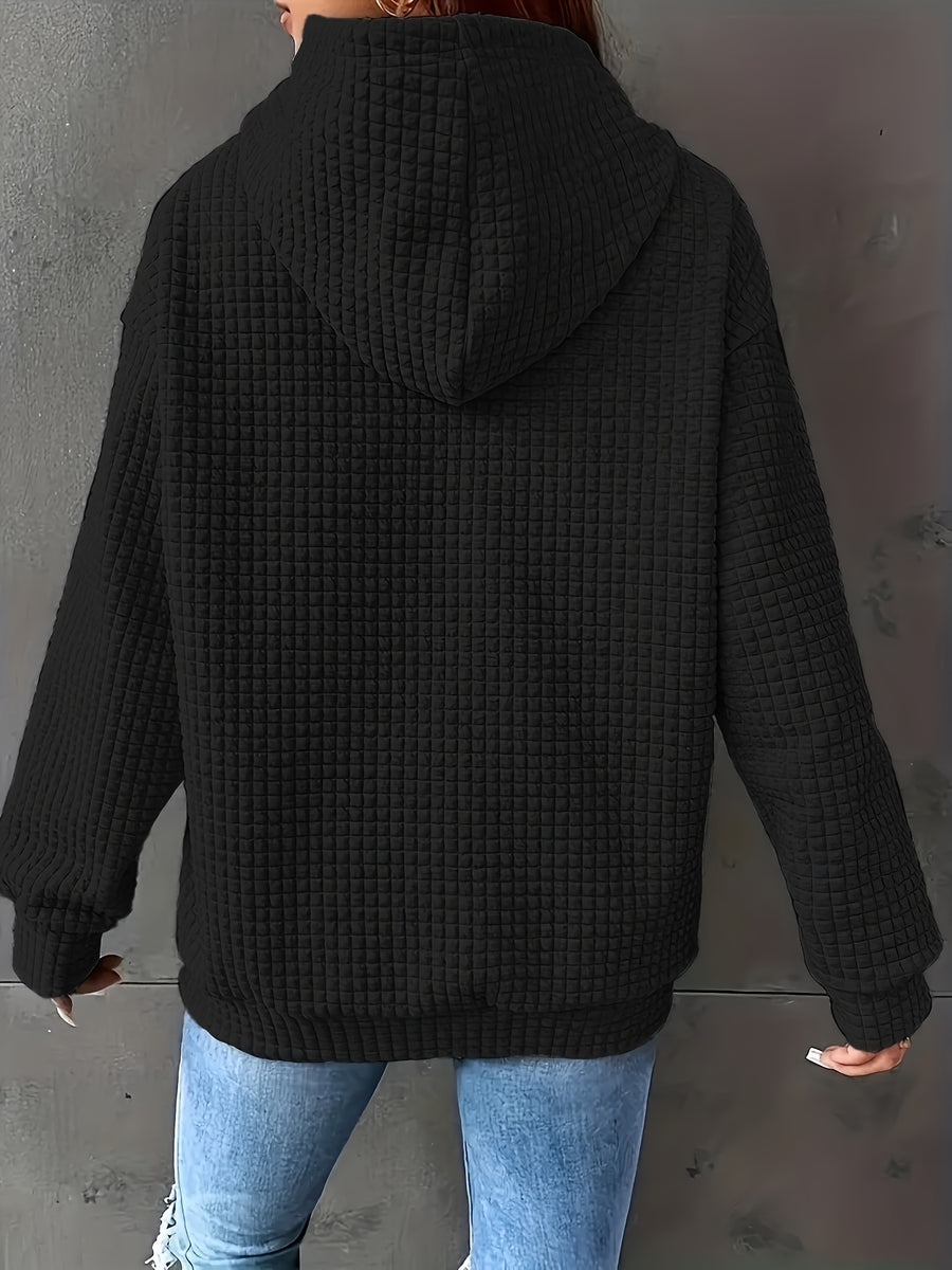 Women's Autumn/Winter Waffle Hooded Long-Sleeve Solid Color Sweatshirt - Black