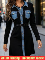 2D Printed Faux Denim Women's Long Top with Belt, Wilderness - Black