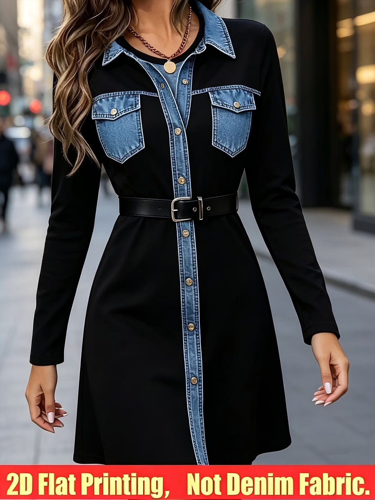 2D Printed Faux Denim Women's Long Top with Belt, Wilderness - Black