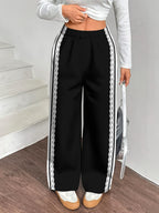 Women's Pants for Spring, Summer, and Autumn, Straight-Leg Trousers, Vintage Color-Block Lace Stripe Print Loose Wide-Leg Pants, Casual Style - Black