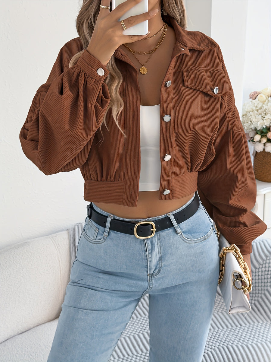 Spring Autumn Casual Vacation Solid Color Single Breasted Lantern Long Sleeve Corduroy Short Coat Women'S Jacket - Sepia