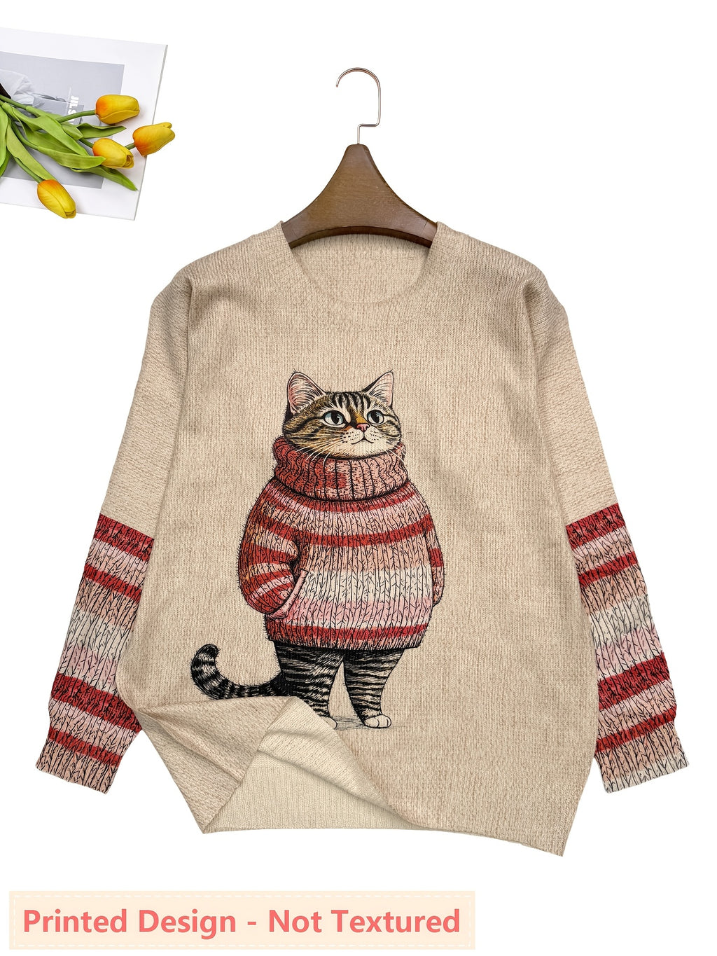 Plus Size - Plus Size - Plus Size Women'S for All Over Printed Long Sleeve Universal Crew Neck Lightweight Sweater, Trendy Wear, Cat Pattern, Perfect for Casual Elegance Style Outfits - Suitable for All Seasons - Red