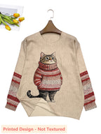 Plus Size - Plus Size - Plus Size Women'S for All Over Printed Long Sleeve Universal Crew Neck Lightweight Sweater, Trendy Wear, Cat Pattern, Perfect for Casual Elegance Style Outfits - Suitable for All Seasons - Red