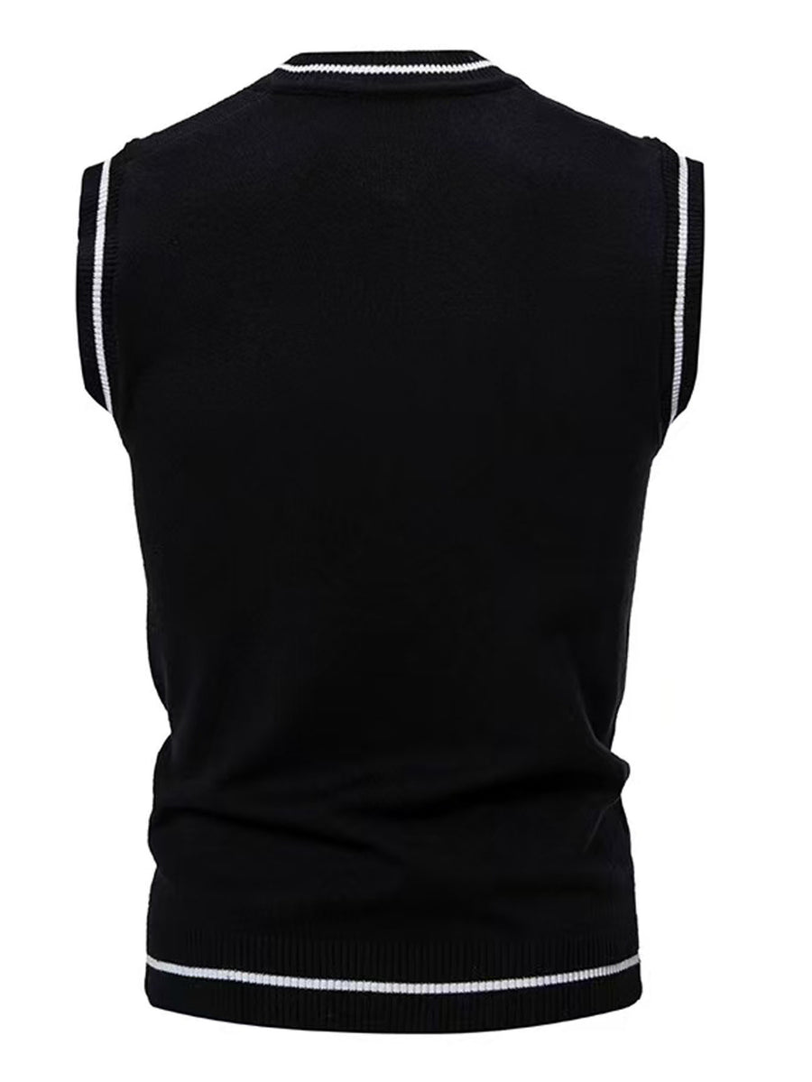 Men's V-neck Knitted Vest, Academic Style Striped Sleeveless Sweater, Spring/Autumn Business Casual Waistcoat - Black