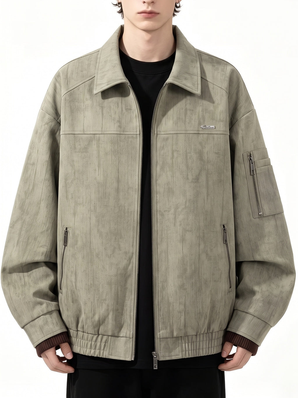 Men's Streetwear Workwear Style Lapel Jacket with Vintage Texture, Full-Zip Casual Outerwear, Multi-Zipper Practical Pocket Design, Regular Fit for Comfort and Versatility. This Casual Coat Is Suitable for All Occasions in Spring and Autumn - Olive Green Color