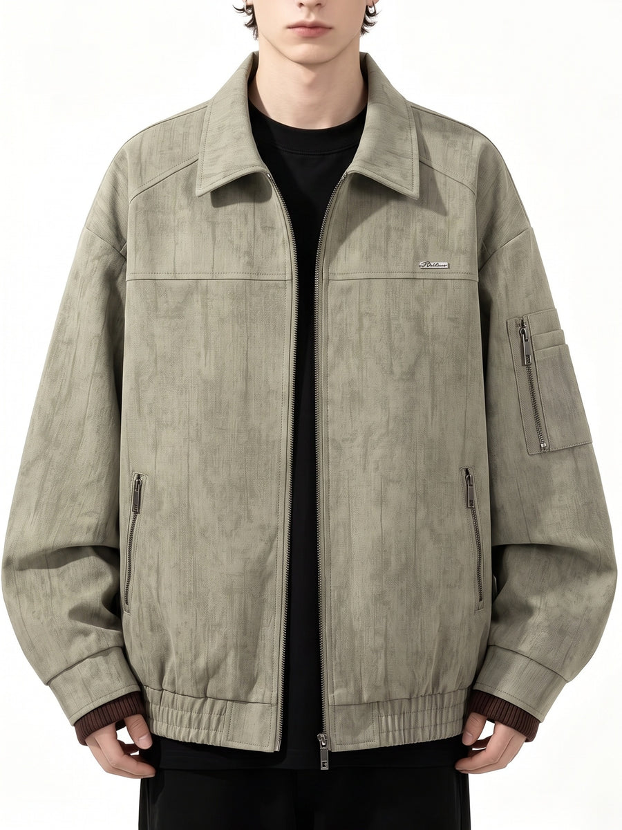 Men's Streetwear Workwear Style Lapel Jacket with Vintage Texture, Full-Zip Casual Outerwear, Multi-Zipper Practical Pocket Design, Regular Fit for Comfort and Versatility. This Casual Coat Is Suitable for All Occasions in Spring and Autumn - Olive Green Color