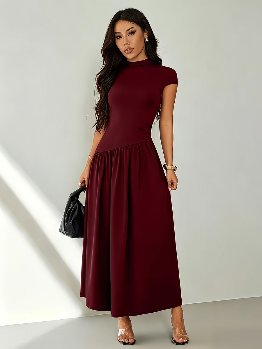 Women's Solid Color Stand Collar Puff Sleeve Pleated Long Casual Dress, Summer Dress - Deep Red