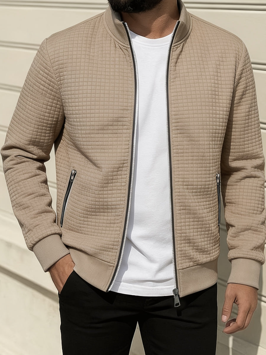 Pearson OBM Men's Checkered Textured Baseball Jacket, Waffle Knit Full-Zip Casual Outerwear, Spring/Autumn Lightweight Loose-Fit Versatile Long-Sleeve Top / Casual Commute / Outdoor Wear, Smart Casual Layering - Khaki