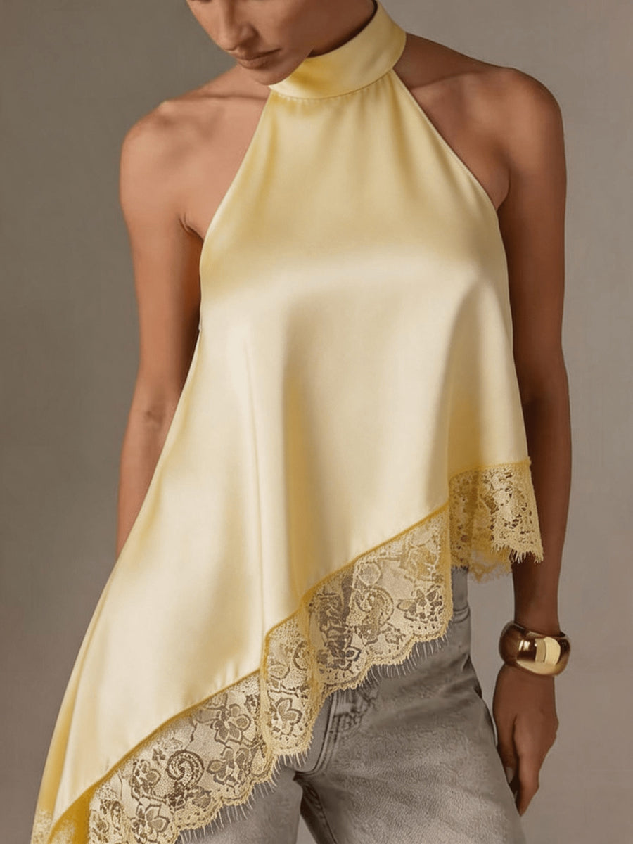 Directional Style Irregular Patchwork Lace Neckline Halter Elegant Temperament Top Halter Vest - Yellow