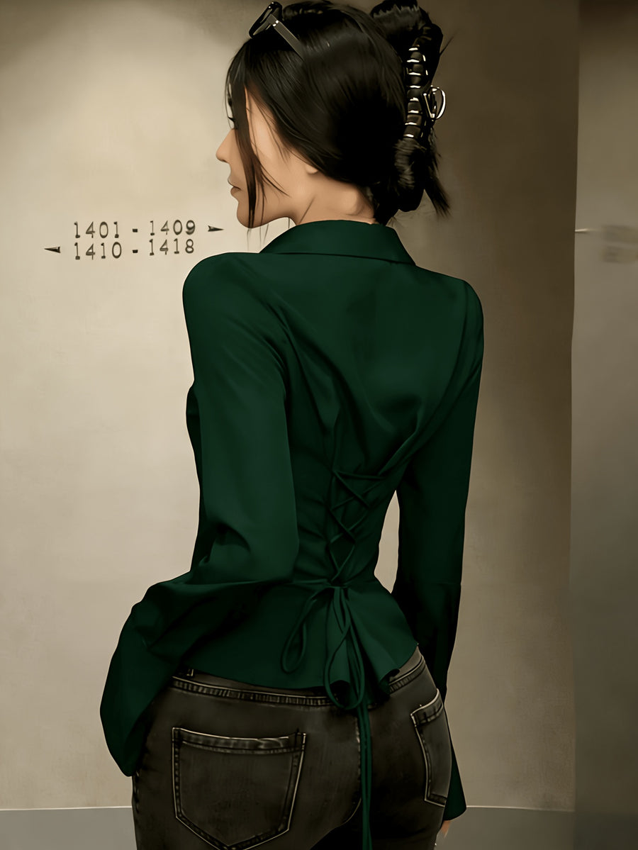 Elegant Women'S Solid Color Shirt, Back Long Sleeve Blouse, Suitable for All Seasons - Dark Green