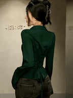 Elegant Women'S Solid Color Shirt, Back Long Sleeve Blouse, Suitable for All Seasons - Dark Green