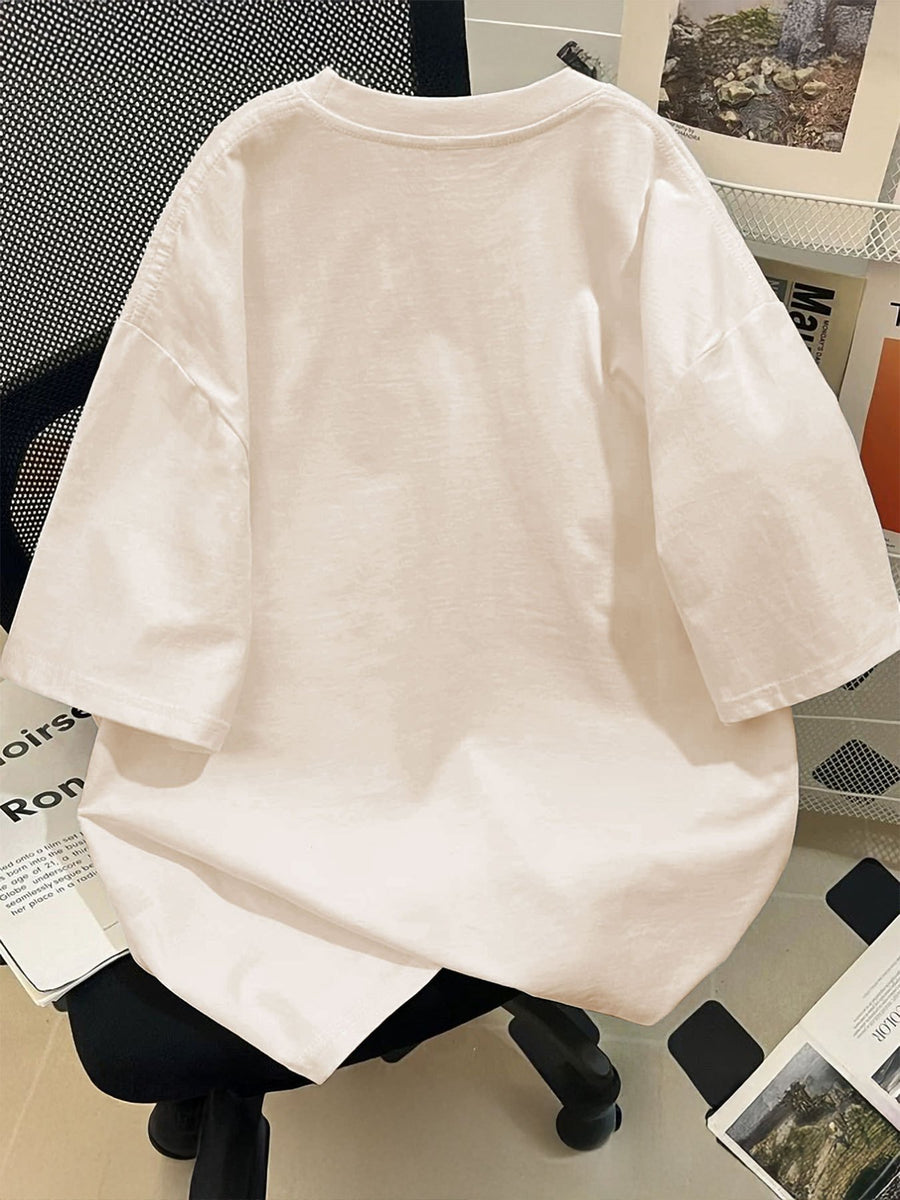 Graphic Print Drop Shoulder T-shirt, Short Sleeve Crew Neck Casual Top for Spring & Summer, Women's Clothing - Apricot