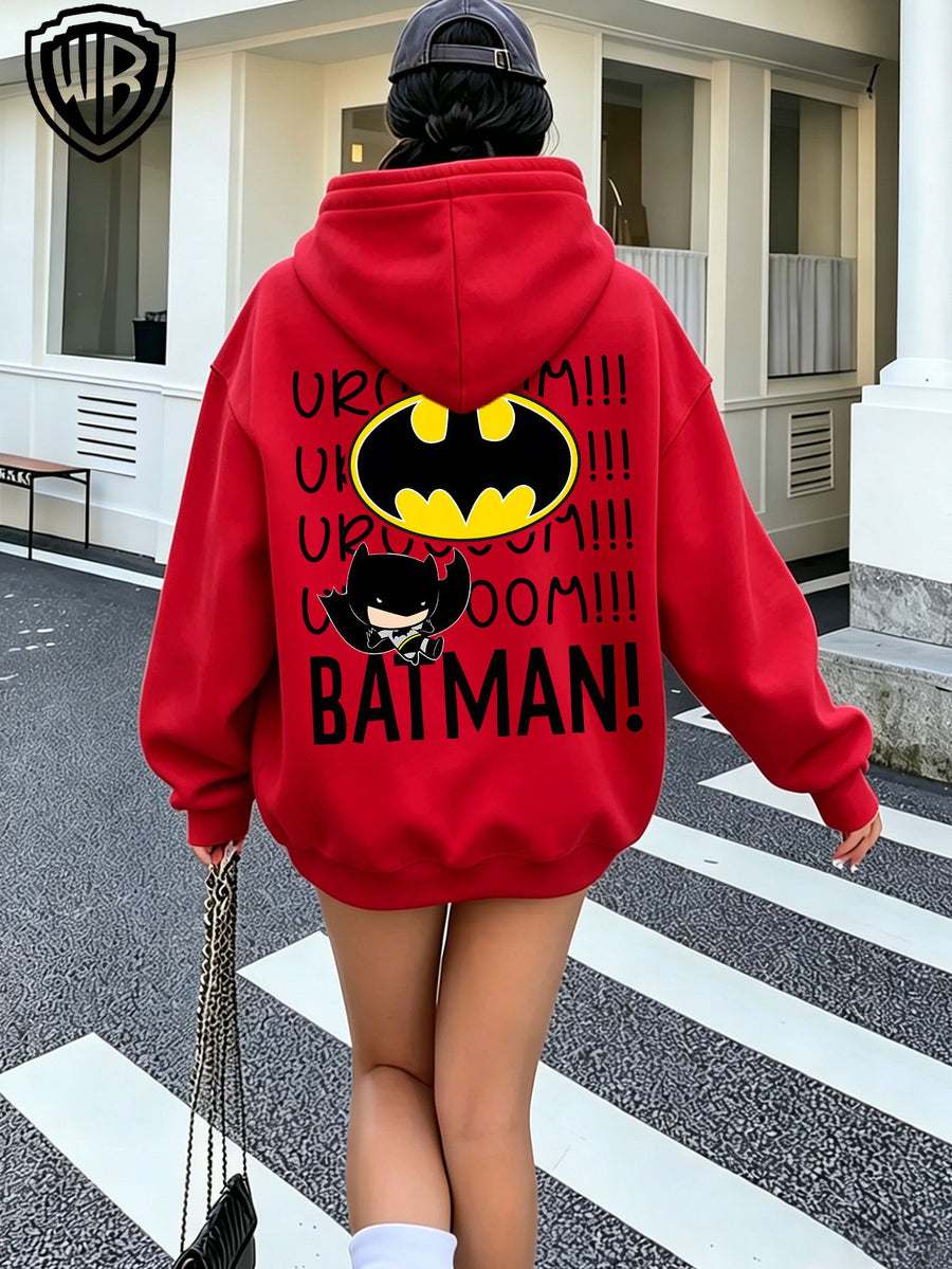 Everyday Casual Zip-Up Hooded Cardigan Jacket, Officially Licensed Warner Bros. DC Batman with Classic Bat Logo, Paired with Vintage "BOOM" Onomatopoeic Fun Lettering Font, Featuring Multiple Dark Hero-Style Prints on the Garment, a Simple and Cool - Red