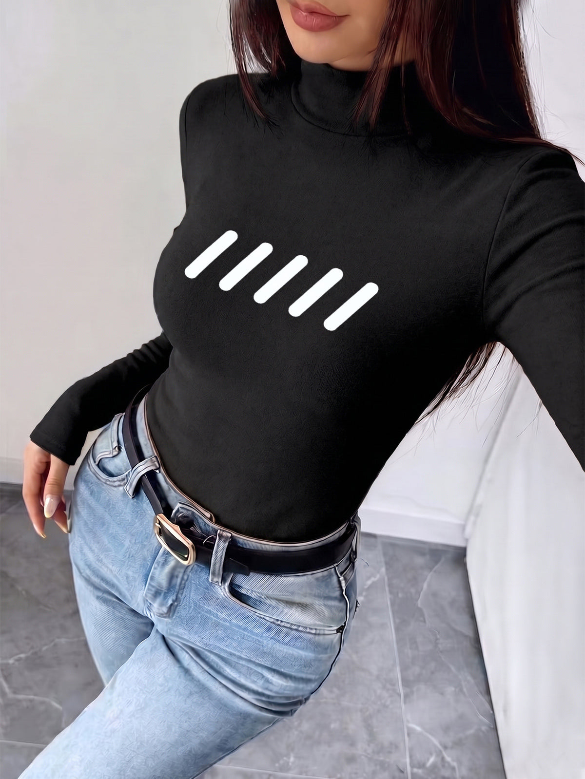 Women'S 2026 New Fashion Half-Neck Long Sleeve Body Suit, Casual Texture Fall Winter Style, Essential Base Layer for Fall Winter, Slim Sexy Comfortable Warm "White Stripes Pattern Design" - Black