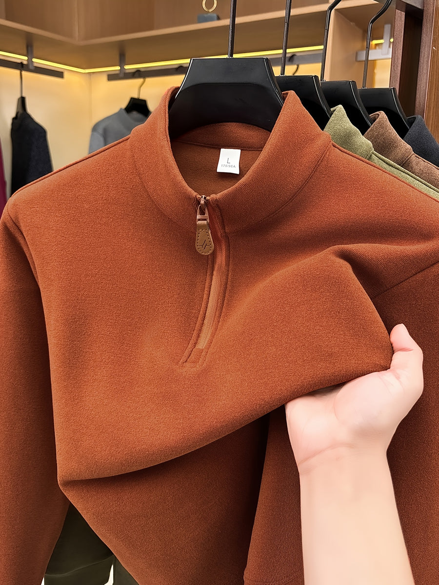 Men's Half-Zip Stand Collar Fashionable Casual Versatile Long-Sleeve Sweatshirt - Rust
