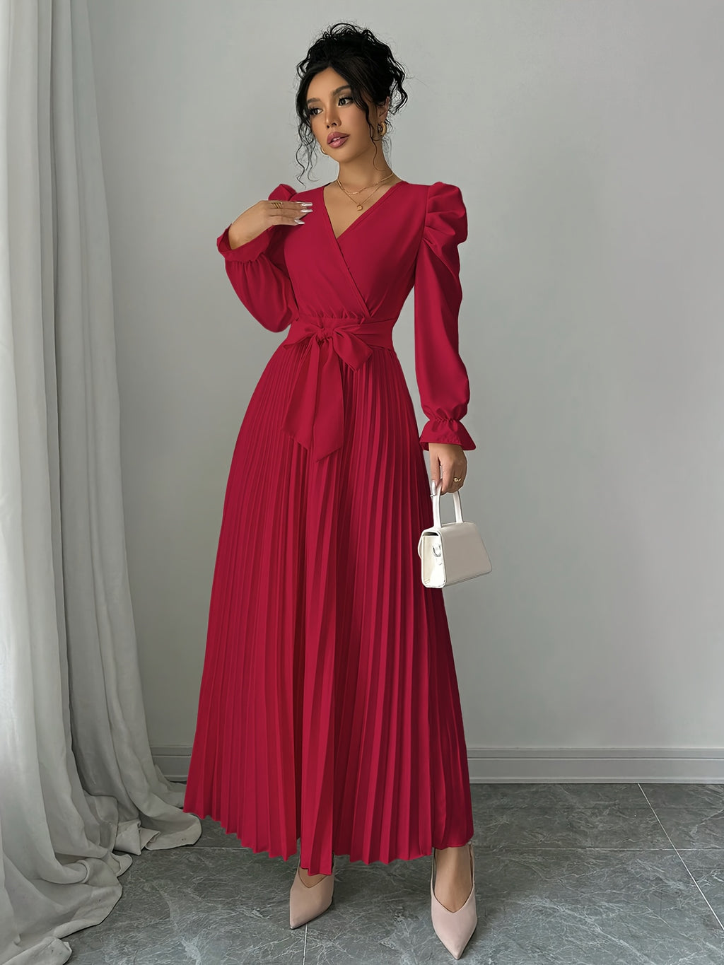 Hot Spring/Summer Elegant Cross V-Neck Flared Pleated Maxi Skirt for Women - Red