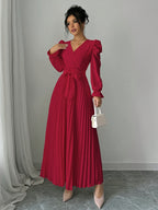 Hot Spring/Summer Elegant Cross V-Neck Flared Pleated Maxi Skirt for Women - Red