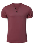 Men's Quick-Dry Moisture-Wicking Henley Shirt - Lightweight Breathable Stretch V-Neck Button-Front Collar T-Shirt Suitable for Gym, Outdoor, & Casual Wear, Solid Color Short Sleeve for Daily Activities & Summer Training (Machine Washable) - Burgundy