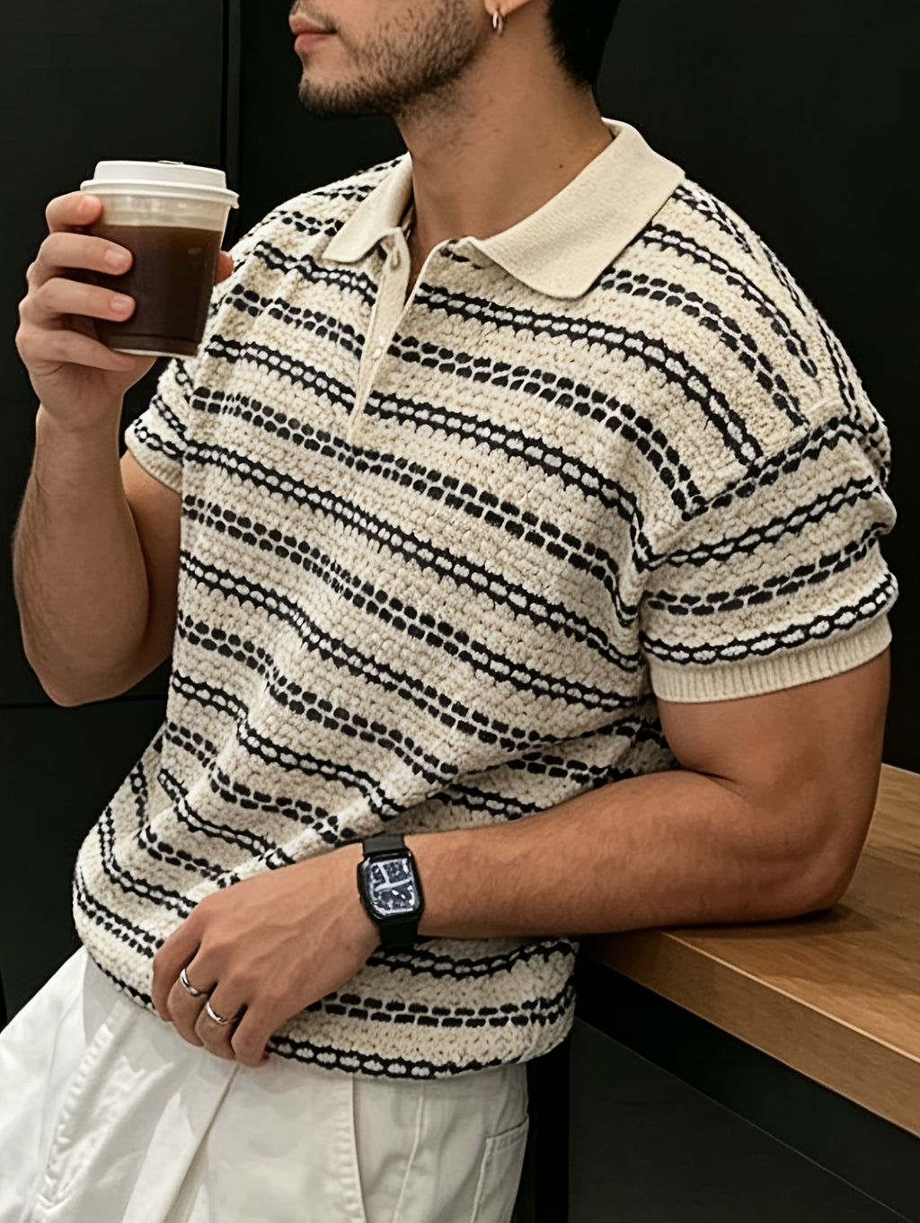 Men'S Knit Pullover Shirt Textured Striped Short Sleeve Thin Knit Men'S Summer Korean Style Outfit Premium Fashion Commute Short Sleeve Top in Stock - Apricot
