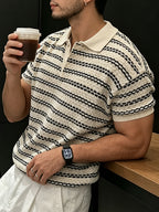 Men'S Knit Pullover Shirt Textured Striped Short Sleeve Thin Knit Men'S Summer Korean Style Outfit Premium Fashion Commute Short Sleeve Top in Stock - Apricot