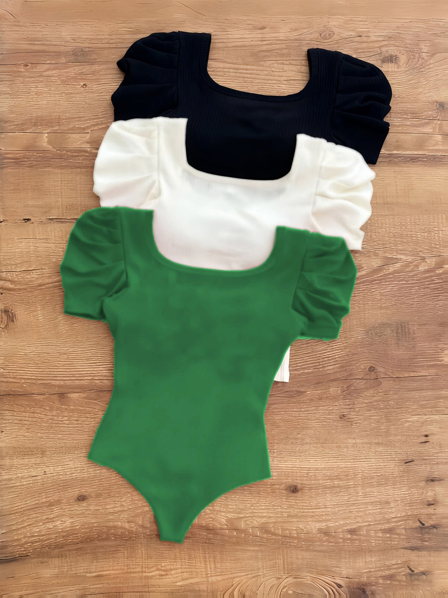 3-Pack Elegant Square Neck High-Elasticity Short Sleeve Tops for Women | Spring/Fall, Solid Color, Regular Fit - Black+white+green
