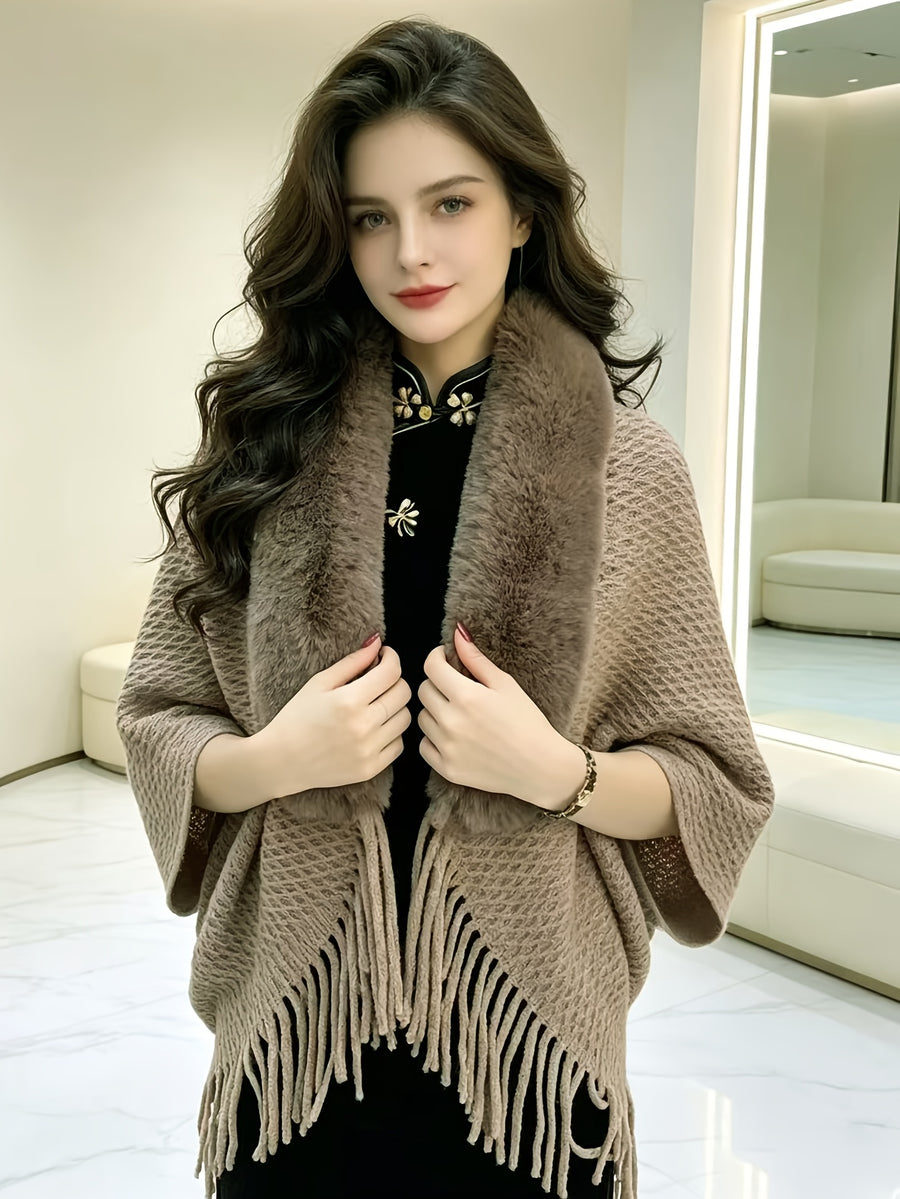 Women'S Open Cardigan, Autumn Winter Elegant Faux, Fringed Cape Scarf Jacket - Lightweight Warm Coat for Parties, Office, Casual Wear - Fashionable Autumn Winter Accessory, Soft Plush Texture, Trendy Scarf, Office Essential - Khaki