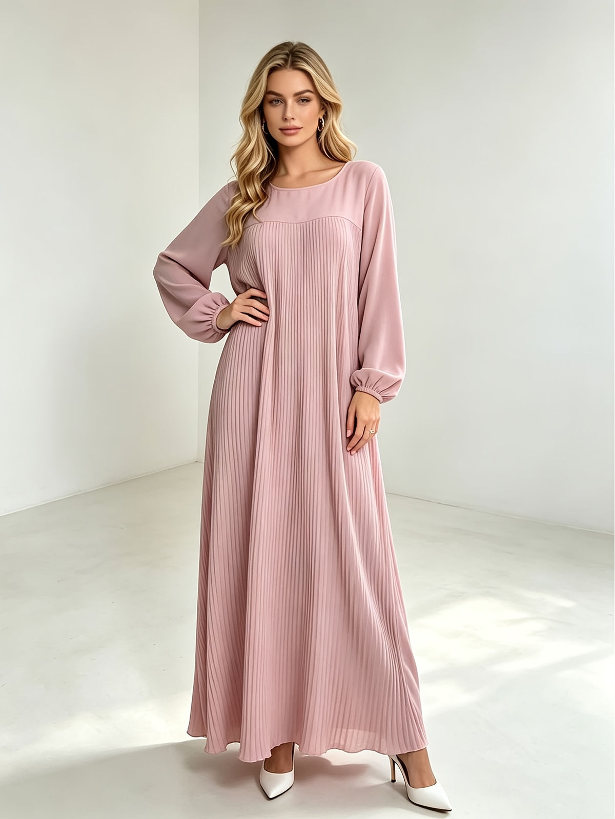 1pc Elegant Holiday Fashion Versatile Loose Pleated Back Zipper Solid Color Women's Robe, Suitable for Daily Wear, Comfortable, Casual, and Loose-Fitting. Women's Robe, Muslim Long-Sleeve Dress, Women's Maxi Dress - Pink Color