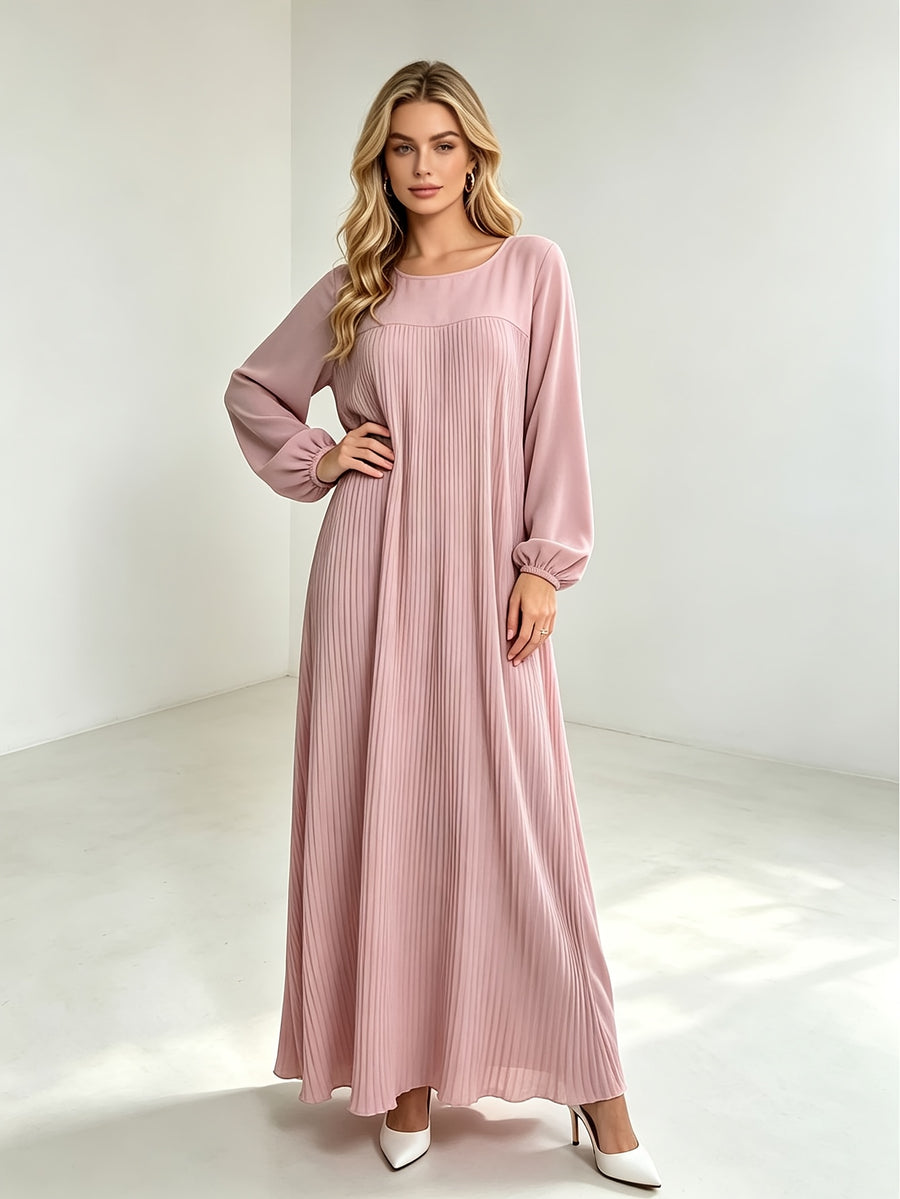 1pc Elegant Holiday Fashion Versatile Loose Pleated Back Zipper Solid Color Women's Robe, Suitable for Daily Wear, Comfortable, Casual, and Loose-Fitting. Women's Robe, Muslim Long-Sleeve Dress, Women's Maxi Dress - Pink Color