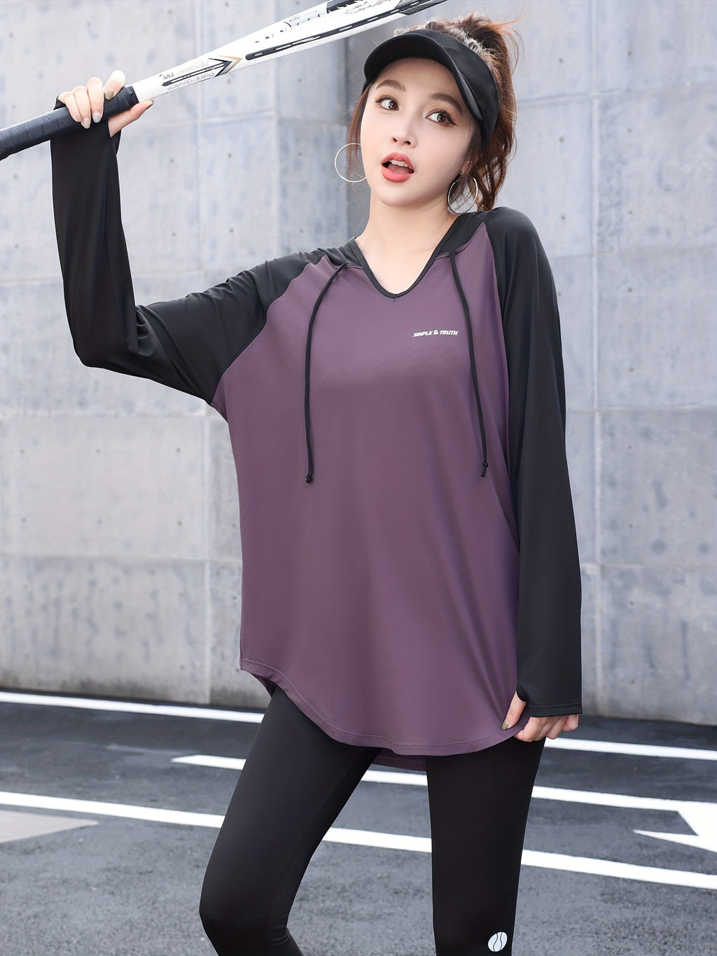 Plus Size - Plus Size - A Women'S Plus-Size Hoodie with a Color-Block Design, Loose Fit, Suitable for And Casual Wear, Stylish And Age-Reducing - Purple