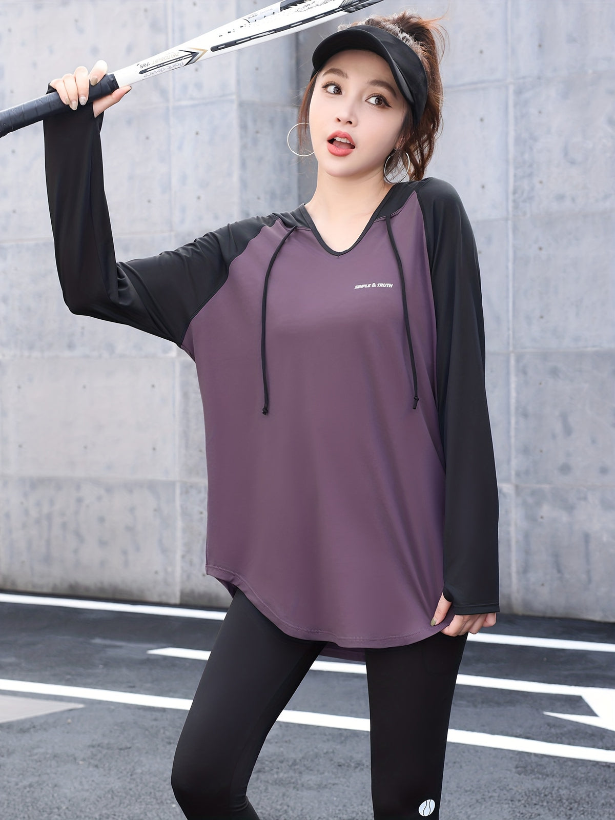 Plus Size - Plus Size - A Women'S Plus-Size Hoodie with a Color-Block Design, Loose Fit, Suitable for And Casual Wear, Stylish And Age-Reducing - Purple