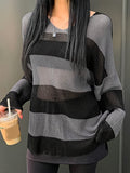 Casual spring, summer, and autumn Women's pullover, thin, medium length, striped shoulder long sleeved Fleece sweater, loose fitting soft and comfortable vacation outdoor Women's top - Deep Grey
