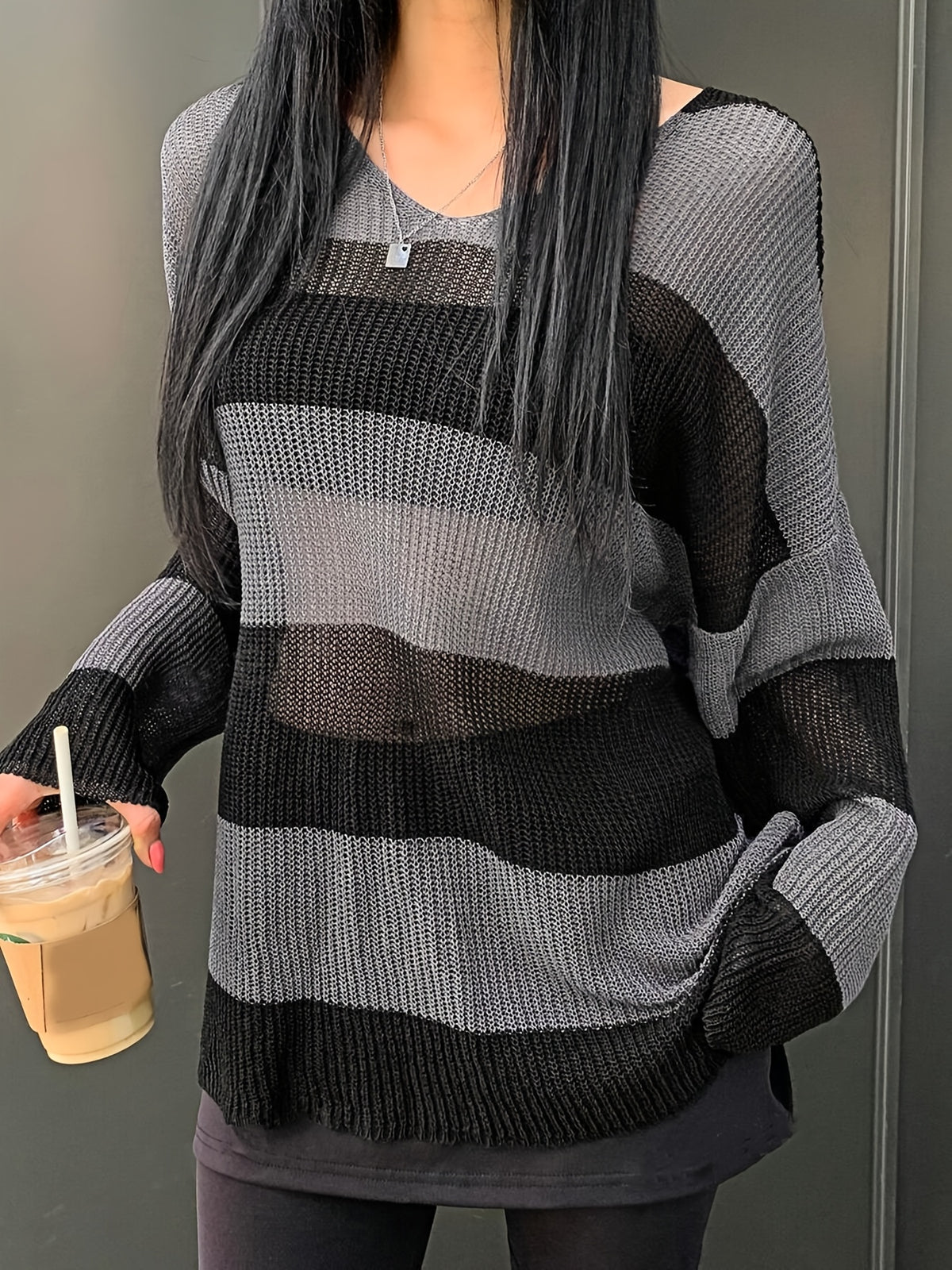 Casual spring, summer, and autumn Women's pullover, thin, medium length, striped shoulder long sleeved Fleece sweater, loose fitting soft and comfortable vacation outdoor Women's top - Deep Grey