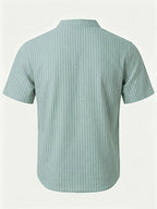 2pcs Men'S Striped Henley Shirt Set, PARIS Chest Print Short Sleeve Shirt, Lightweight Breathable Regular Fit, Suitable for Casual Wear, Travel, And Layering - Black+Green